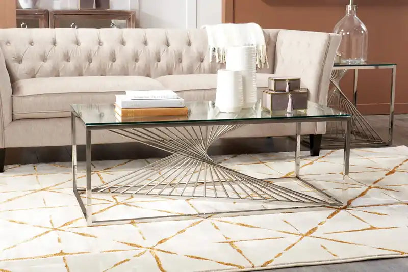47.25 Table basse moderne en verre - Argent avec base en métal chromé