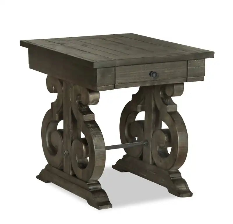 Bellamy 22 Traditional End Table with Storage - Dark Brown Pine with Scroll Design Wood Base