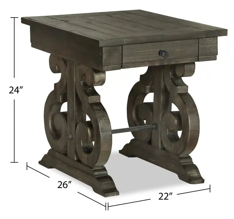 22 Table d'appoint traditionnelle avec rangement – Pin brun foncé avec base en bois à volutes