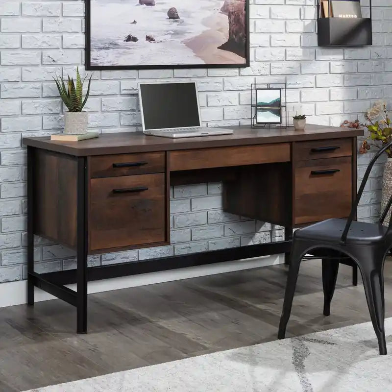 60 Table de bureau d'ordinateur de qualité commerciale industrielle avec 5 tiroirs et plateau de clavier - Chêne Barrel