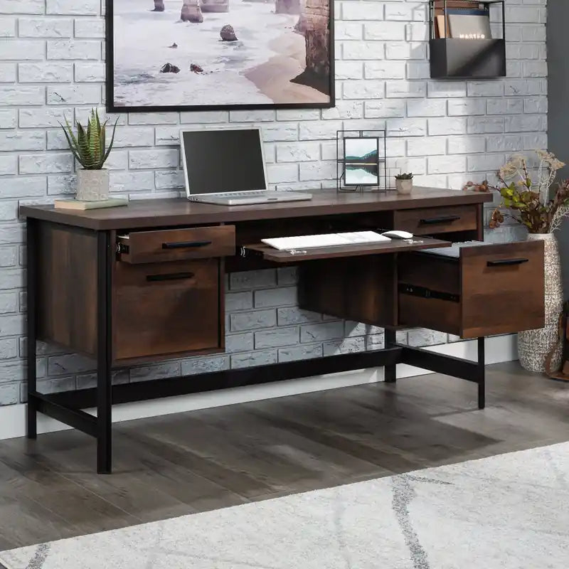60 Table de bureau d'ordinateur de qualité commerciale industrielle avec 5 tiroirs et plateau de clavier - Chêne Barrel