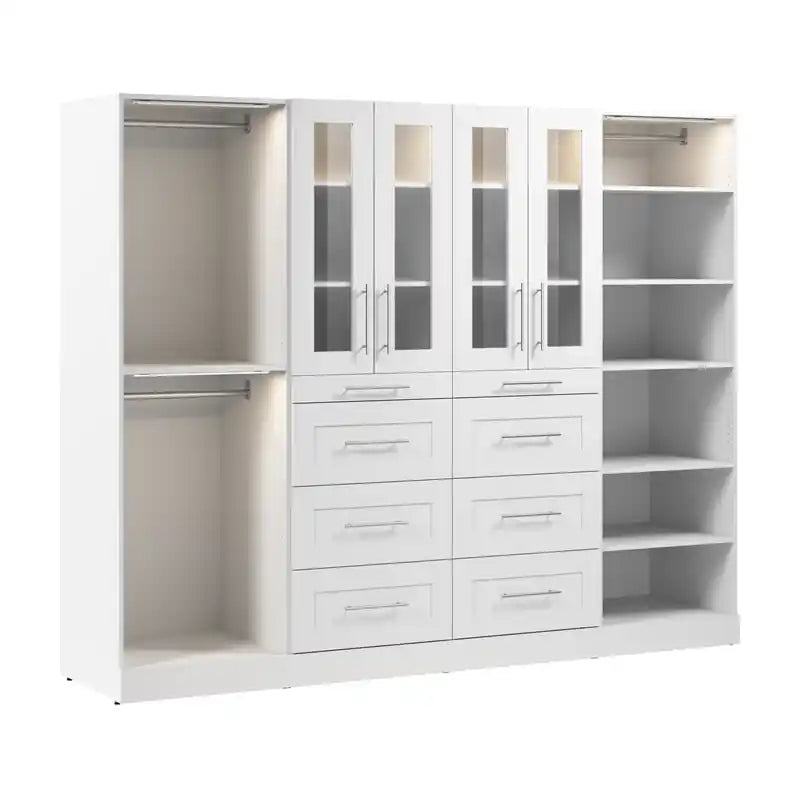 Bestar Florence 100 Modular Walk-In Closet System with LED Lights, Rods, Shelves, Drawers and Doors