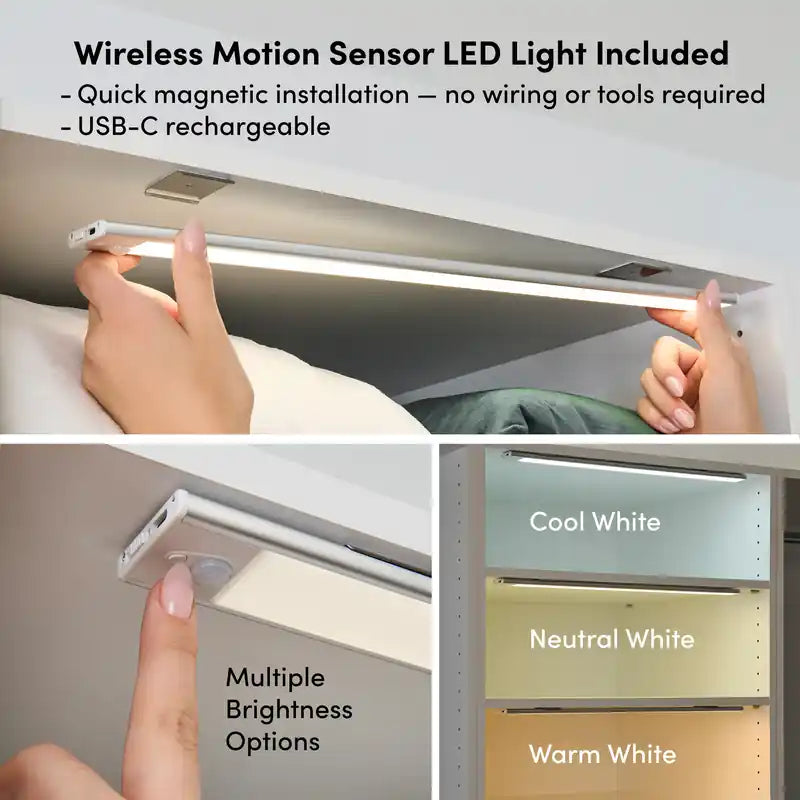Système de placard modulable de 100 W avec éclairage LED, tringles, étagères, tiroirs et portes - Style Shaker