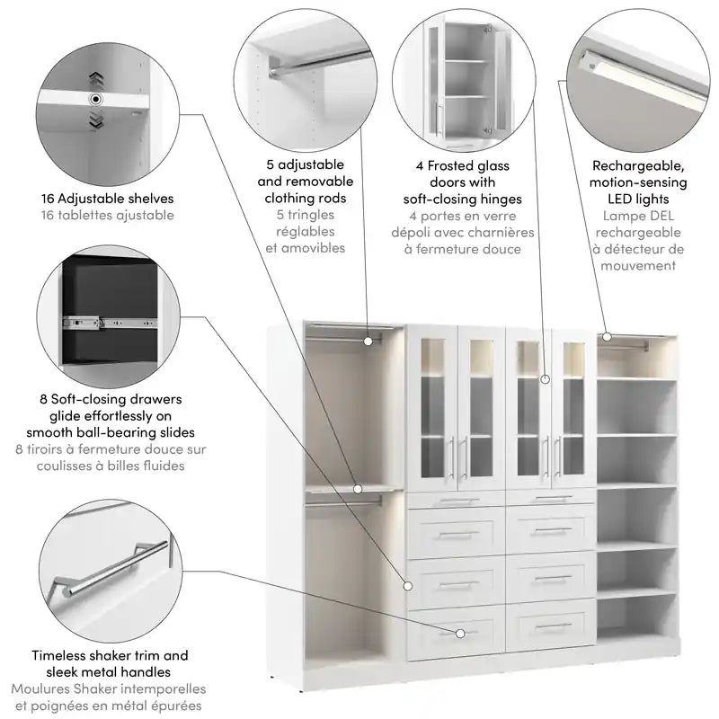 Système de placard modulable de 100 W avec éclairage LED, tringles, étagères, tiroirs et portes - Style Shaker