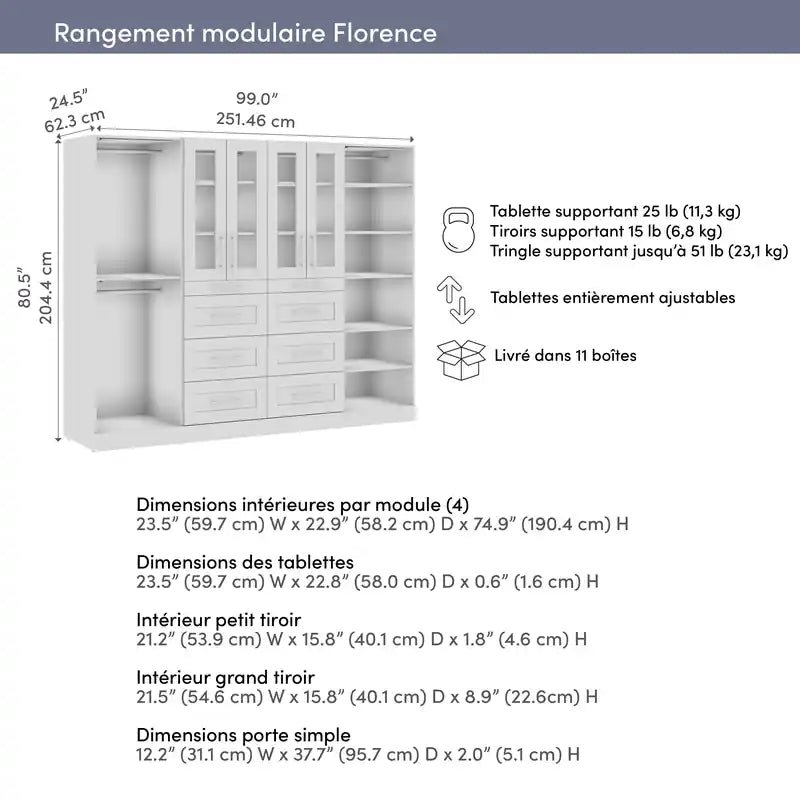 Système de placard modulable de 100 W avec éclairage LED, tringles, étagères, tiroirs et portes - Style Shaker