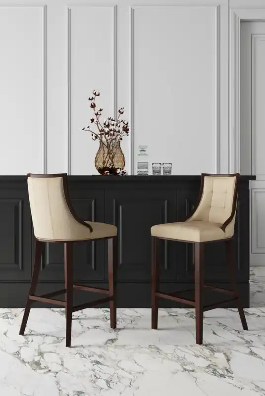 Tabouret de bar à hauteur de comptoir traditionnel en bois de hêtre de 39,5 po avec capitonnage cannelé - Crème et Noyer foncé