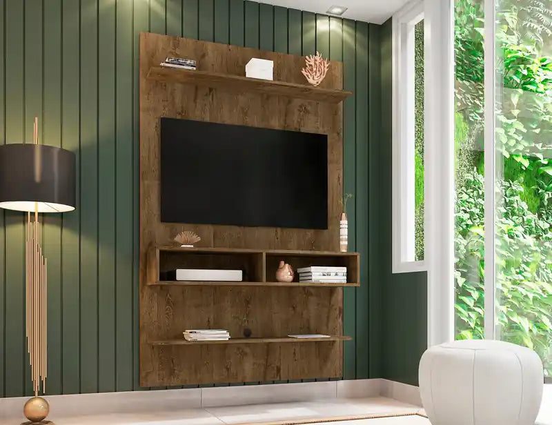 Meuble TV mural flottant long 45,35" avec étagère supérieure - Marron rustique