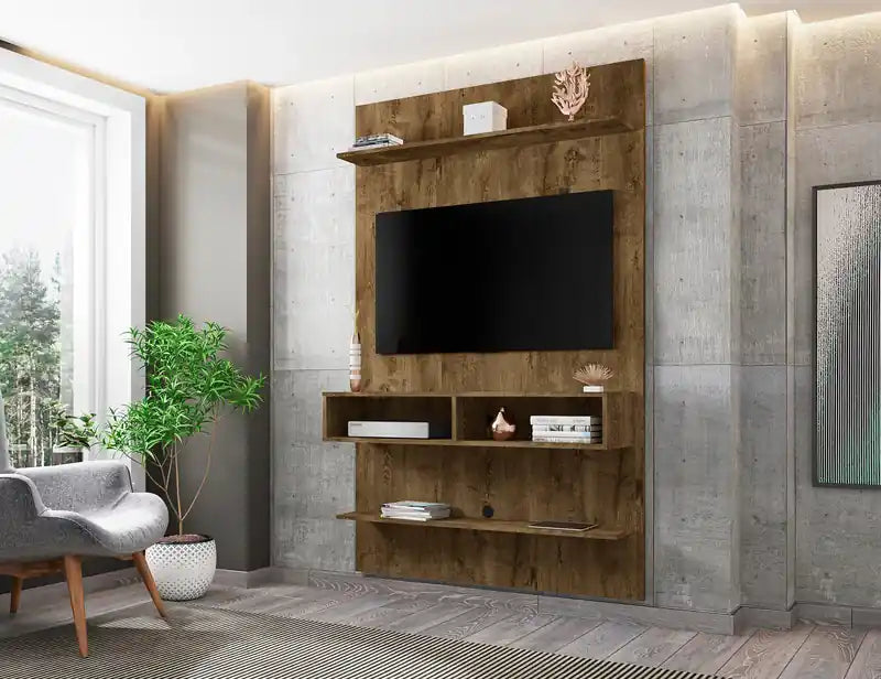 Meuble TV mural flottant long 45,35" avec étagère supérieure - Marron rustique