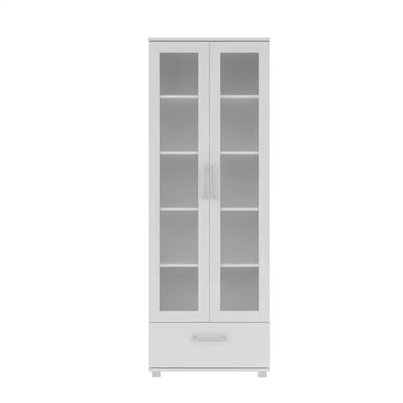 Bibliothèque à 5 étagères avec 2 portes en verre dépoli et un tiroir inférieur