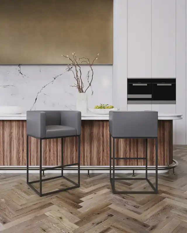 Tabouret de bar postmodern en métal avec siège en similicuir - Gris et noir