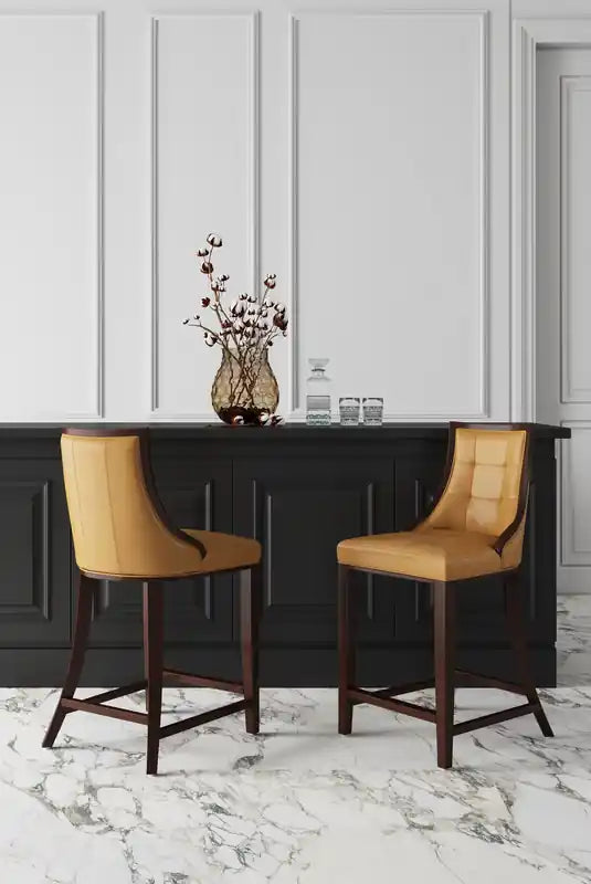 Tabouret de bar à hauteur de comptoir traditionnel en bois de hêtre de 39,5 po avec capitonnage cannelé - Crème et Noyer foncé