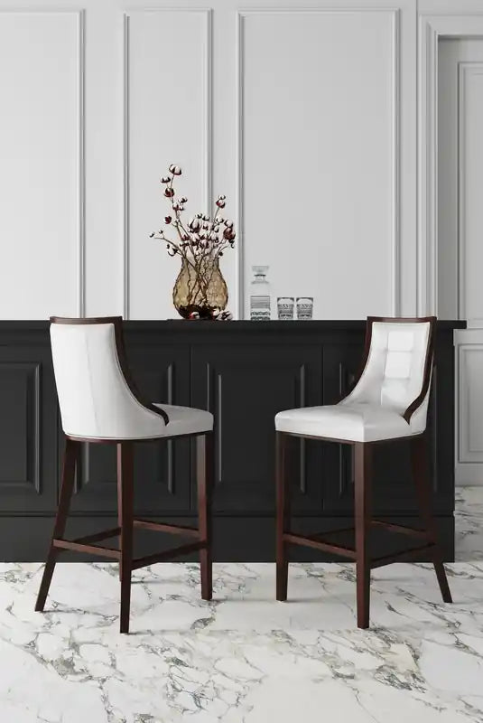 Tabouret de bar à hauteur de comptoir traditionnel en bois de hêtre de 39,5 po avec capitonnage cannelé - Crème et Noyer foncé