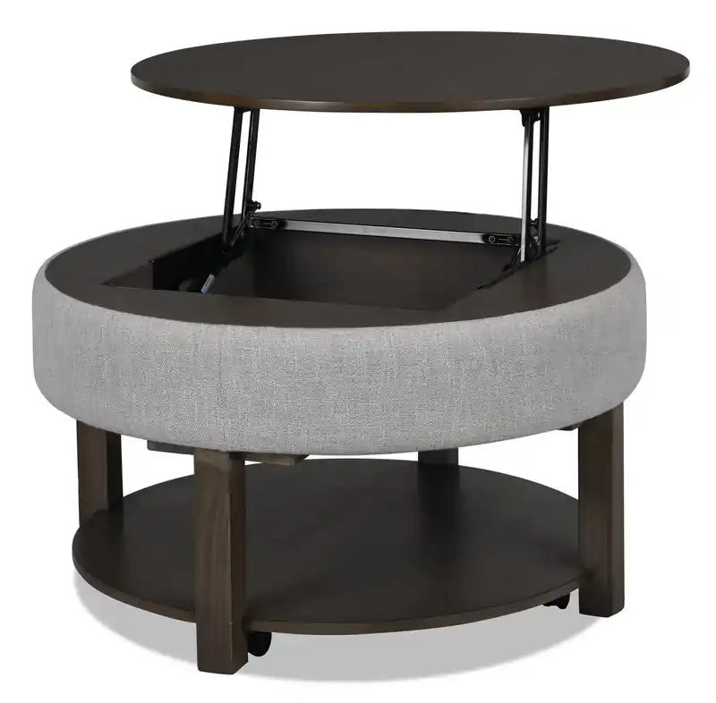 Elroy 33 Rustic Round Lift Top Coffee Table With Storage, Shelf and Casters - Brown and Grey with Fabric Edge