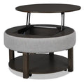 Elroy 33 Rustic Round Lift Top Coffee Table With Storage, Shelf and Casters - Brown and Grey with Fabric Edge