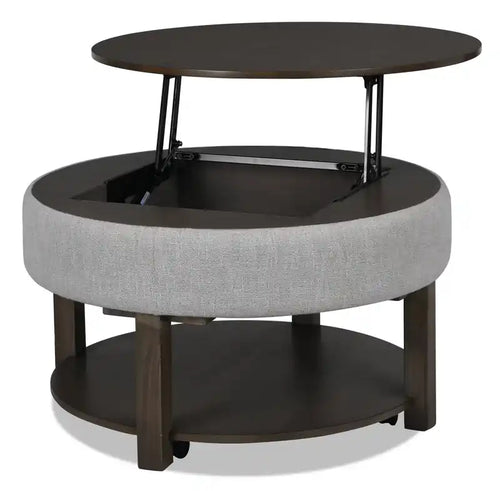 Elroy 33 Rustic Round Lift Top Coffee Table With Storage, Shelf and Casters - Brown and Grey with Fabric Edge
