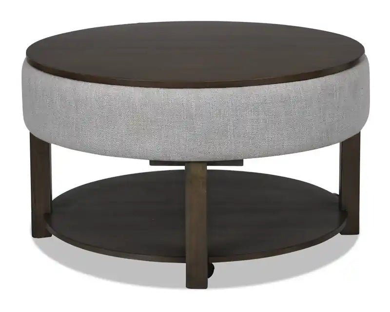 Table basse relevable ronde rustique avec rangement, étagère et roulettes de 33 po – Marron et gris avec bordure en tissu