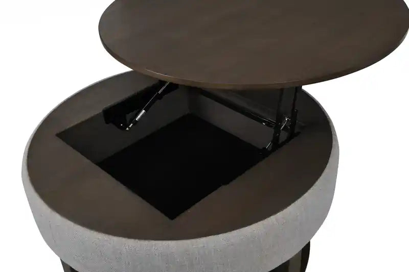 Table basse relevable ronde rustique avec rangement, étagère et roulettes de 33 po – Marron et gris avec bordure en tissu