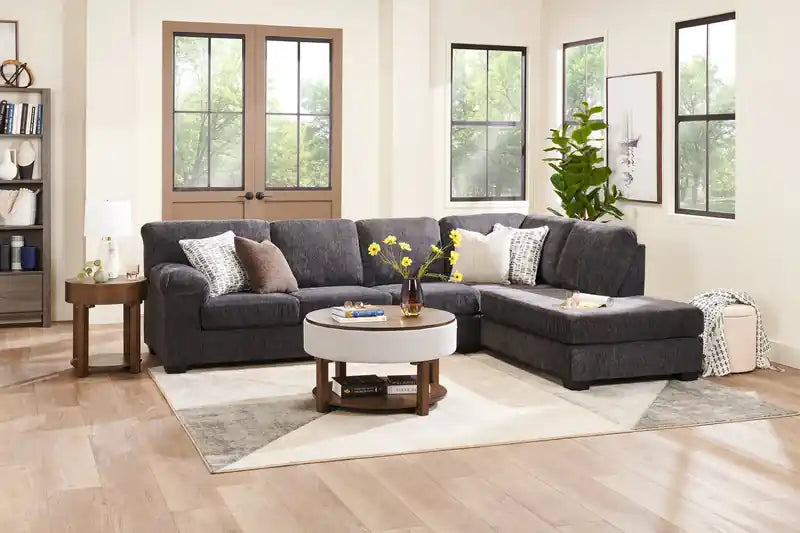 Table basse relevable ronde rustique avec rangement, étagère et roulettes de 33 po – Marron et gris avec bordure en tissu