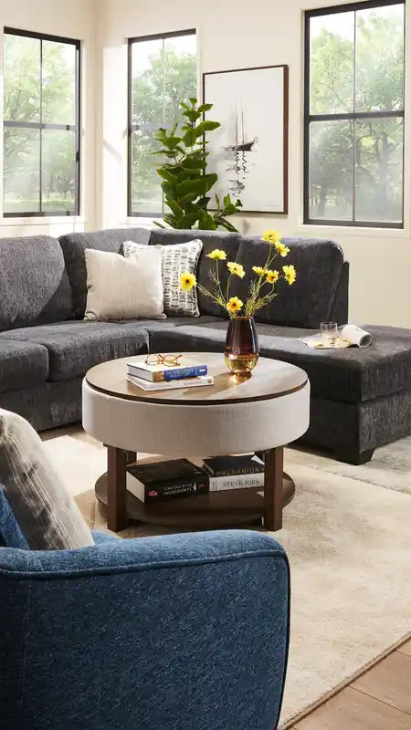 Table basse relevable ronde rustique avec rangement, étagère et roulettes de 33 po – Marron et gris avec bordure en tissu
