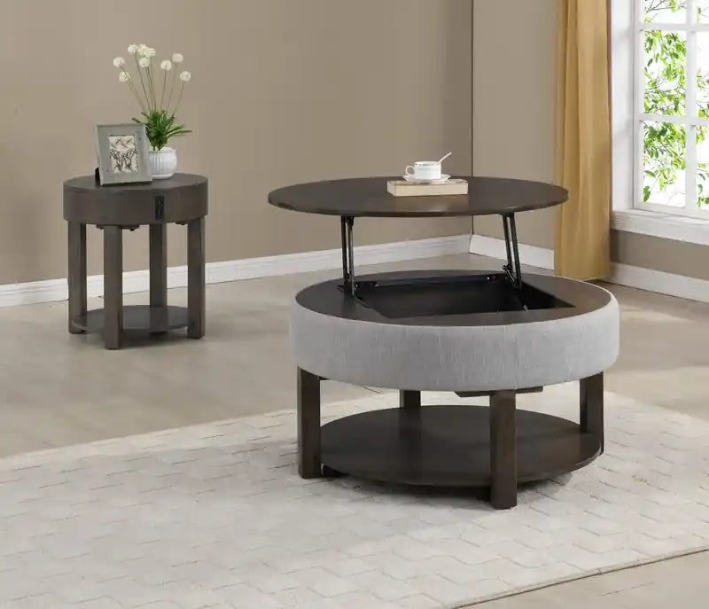 Table basse relevable ronde rustique avec rangement, étagère et roulettes de 33 po – Marron et gris avec bordure en tissu