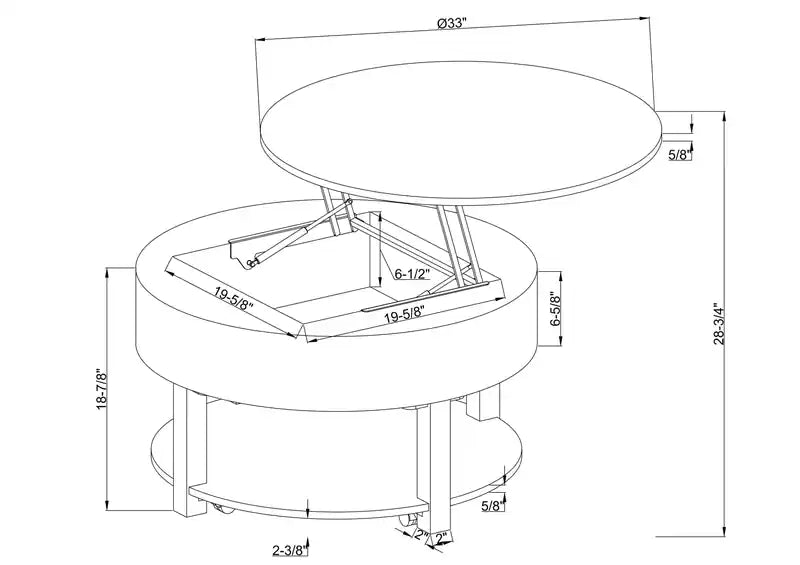 Table basse relevable ronde rustique avec rangement, étagère et roulettes de 33 po – Marron et gris avec bordure en tissu