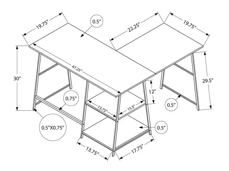 Bureau d'angle en L de 42 pouces avec étagères