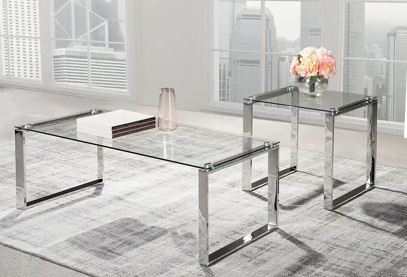 21,5 Table d'appoint moderne en verre - Argent avec pieds en métal