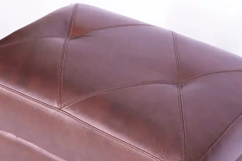 31 Pouf en cuir véritable avec surpiqûres en losanges et pieds en bois – Gris anthracite