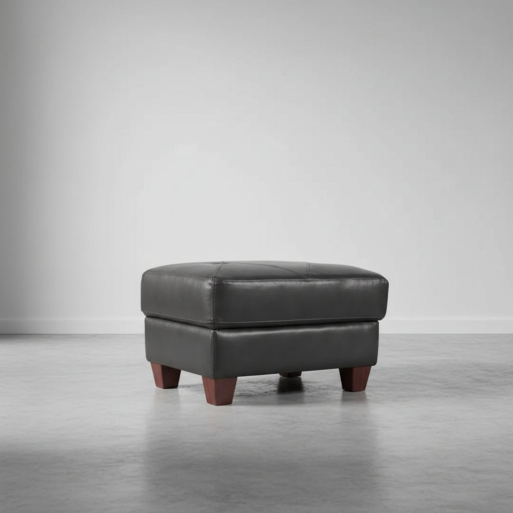 Chateau dAx Vita 31 100% Genuine Leather Ottoman with Diamond Pattern Stitching and Wood Legs - Charcoal Grey