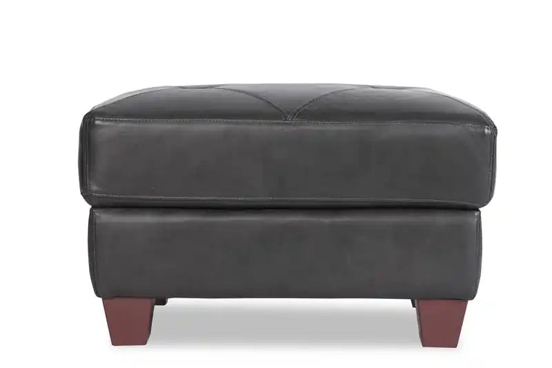 31 Pouf en cuir véritable avec surpiqûres en losanges et pieds en bois – Gris anthracite