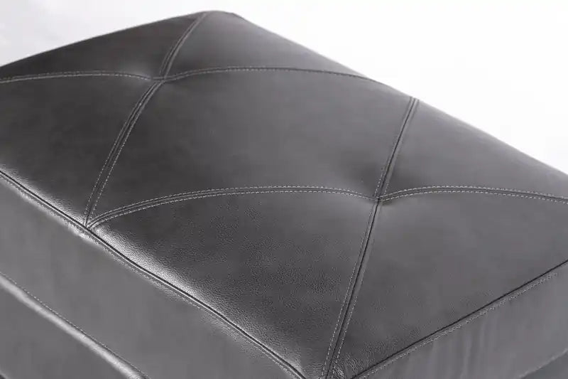 31 Pouf en cuir véritable avec surpiqûres en losanges et pieds en bois – Gris anthracite