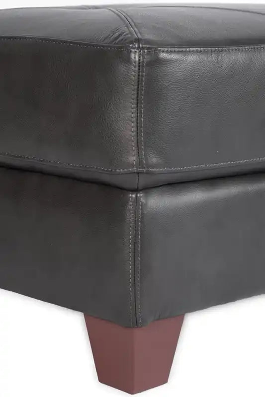 31 Pouf en cuir véritable avec surpiqûres en losanges et pieds en bois – Gris anthracite