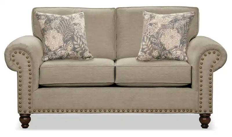 Made in Canada Wynn 70 Chenille Fabric Loveseat with Nailhead Trim and Wood Bun Legs
