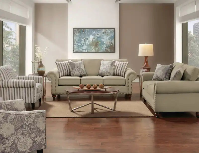 Causeuse en tissu chenille 70 po avec clous décoratifs et pieds tournés en bois