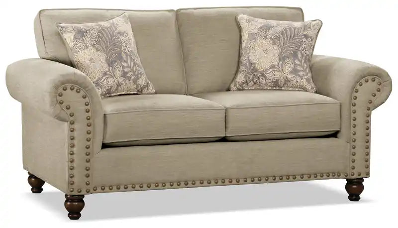 Causeuse en tissu chenille 70 po avec clous décoratifs et pieds tournés en bois