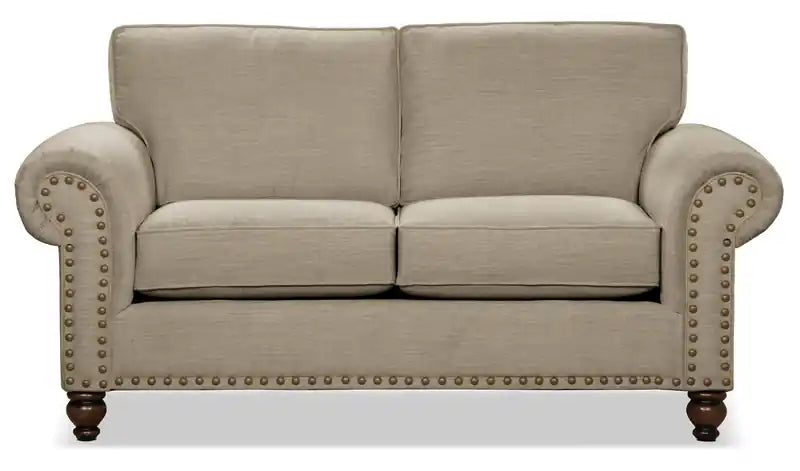 Causeuse en tissu chenille 70 po avec clous décoratifs et pieds tournés en bois