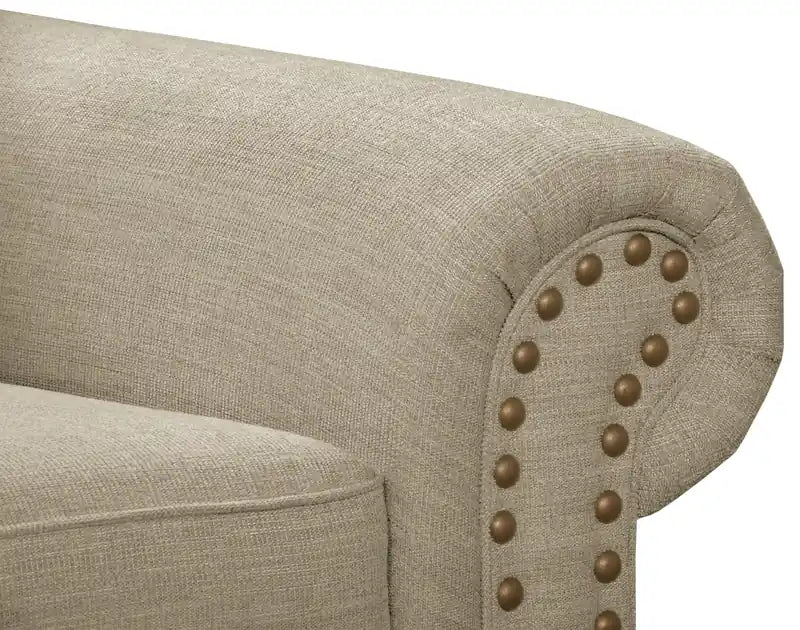 Causeuse en tissu chenille 70 po avec clous décoratifs et pieds tournés en bois