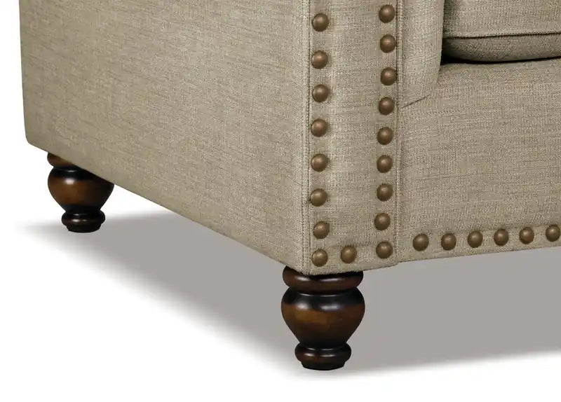 Causeuse en tissu chenille 70 po avec clous décoratifs et pieds tournés en bois
