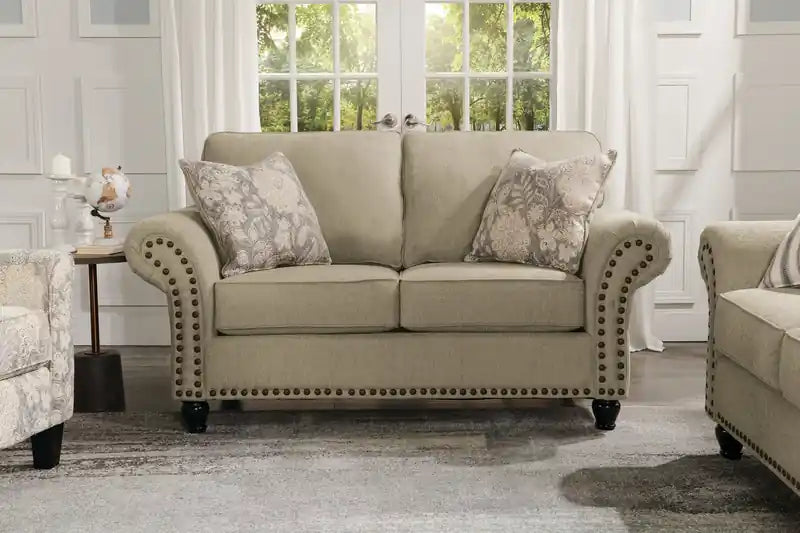 Causeuse en tissu chenille 70 po avec clous décoratifs et pieds tournés en bois