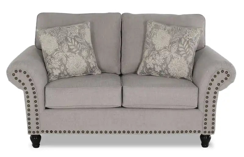 Causeuse en tissu chenille 70 po avec clous décoratifs et pieds tournés en bois