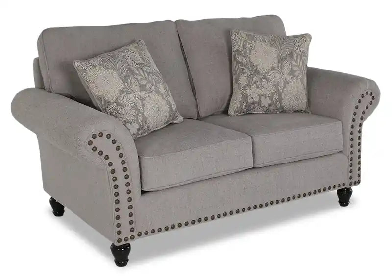 Causeuse en tissu chenille 70 po avec clous décoratifs et pieds tournés en bois