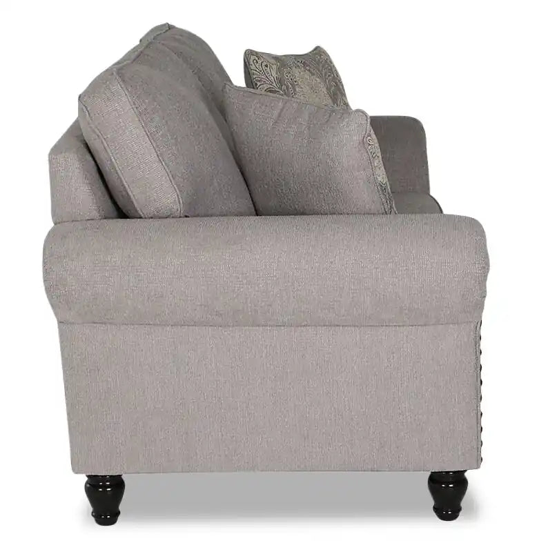 Causeuse en tissu chenille 70 po avec clous décoratifs et pieds tournés en bois