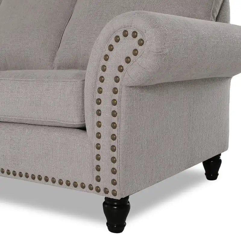 Causeuse en tissu chenille 70 po avec clous décoratifs et pieds tournés en bois