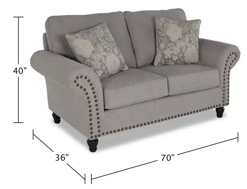 Causeuse en tissu chenille 70 po avec clous décoratifs et pieds tournés en bois