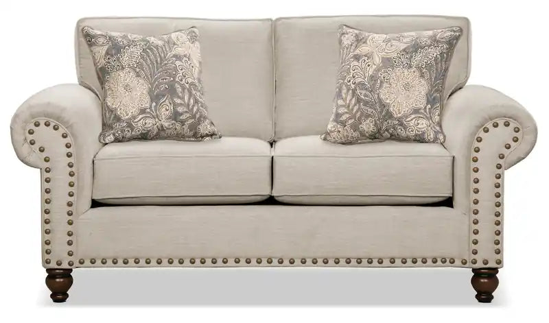 Causeuse en tissu chenille 70 po avec clous décoratifs et pieds tournés en bois
