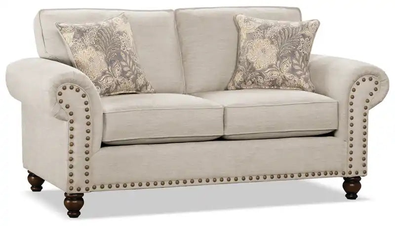 Causeuse en tissu chenille 70 po avec clous décoratifs et pieds tournés en bois