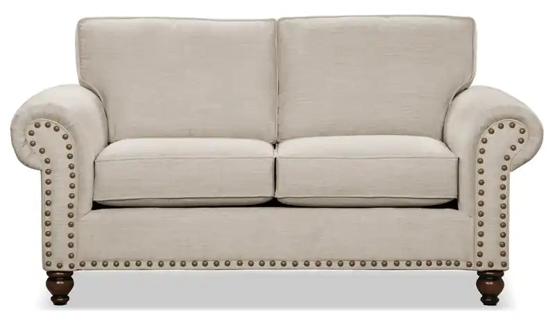Causeuse en tissu chenille 70 po avec clous décoratifs et pieds tournés en bois