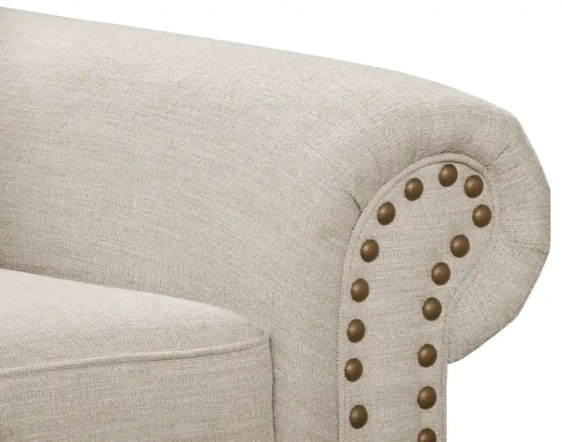 Causeuse en tissu chenille 70 po avec clous décoratifs et pieds tournés en bois