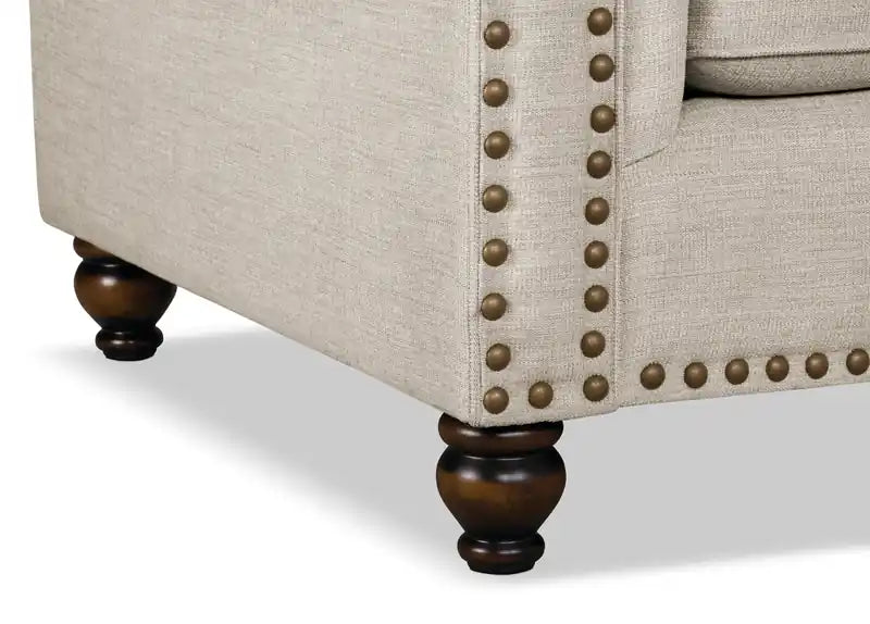 Causeuse en tissu chenille 70 po avec clous décoratifs et pieds tournés en bois