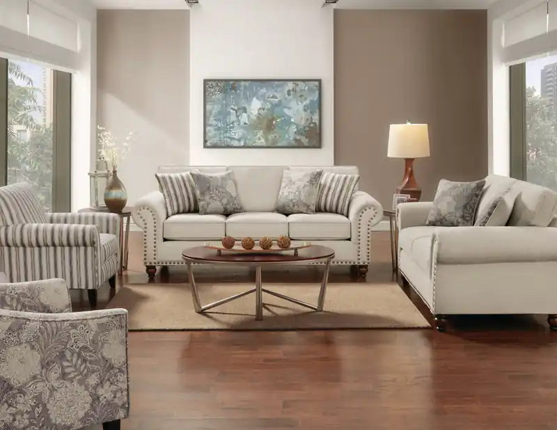 Causeuse en tissu chenille 70 po avec clous décoratifs et pieds tournés en bois